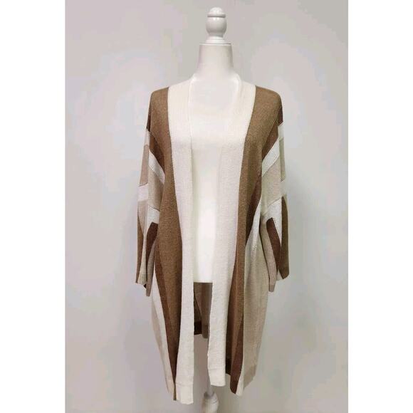 Per Se by Carlisle Open Duster Cardigan Linen LX Brown Color-Block Striped - Picture 1 of 9